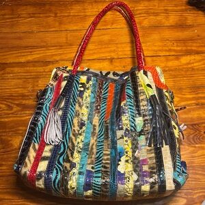 Colorful Striped Shoulder Bag with Red Handles